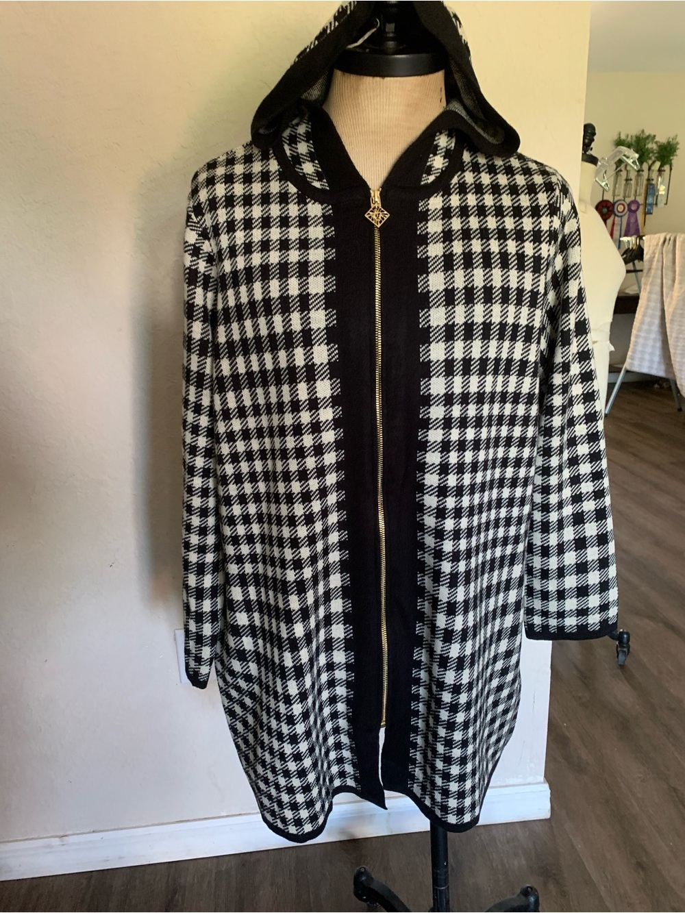Anne Klein Houndstooth Cardigan Sweater Duster Full Zip Black Oatmeal XL